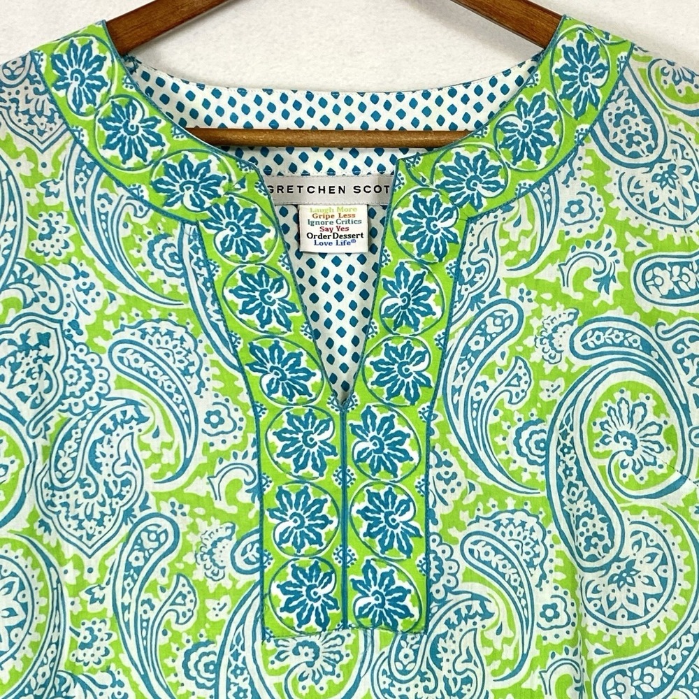 Gretchen Scott Womens Medium Tunic Top Green Floral Blouse 3/4 Sleeve Preppy EUC